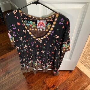 Johnny Was Black Short Sleeve Embellished Blouse
